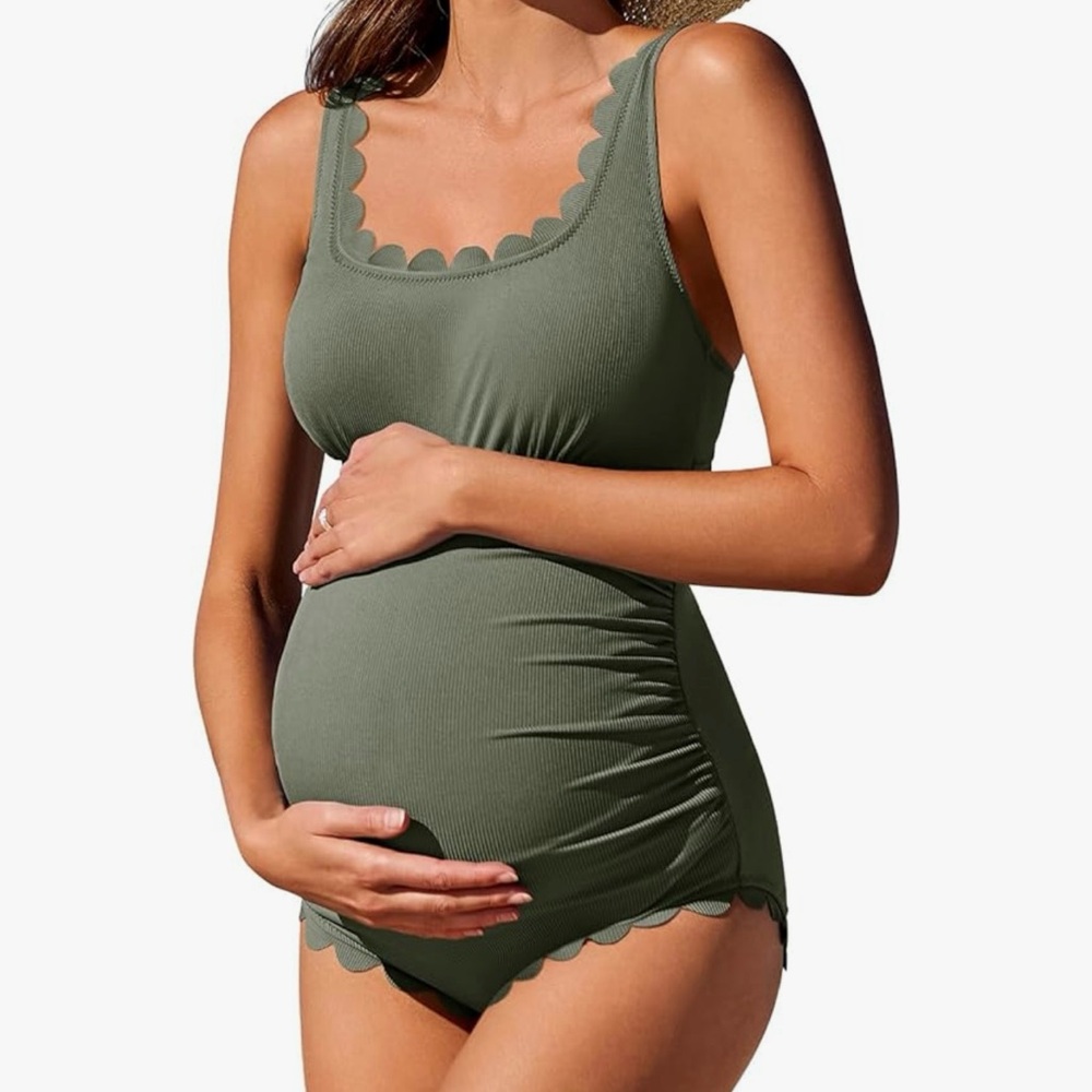 Scalloped Edge Maternity Swimsuit in Olive Green